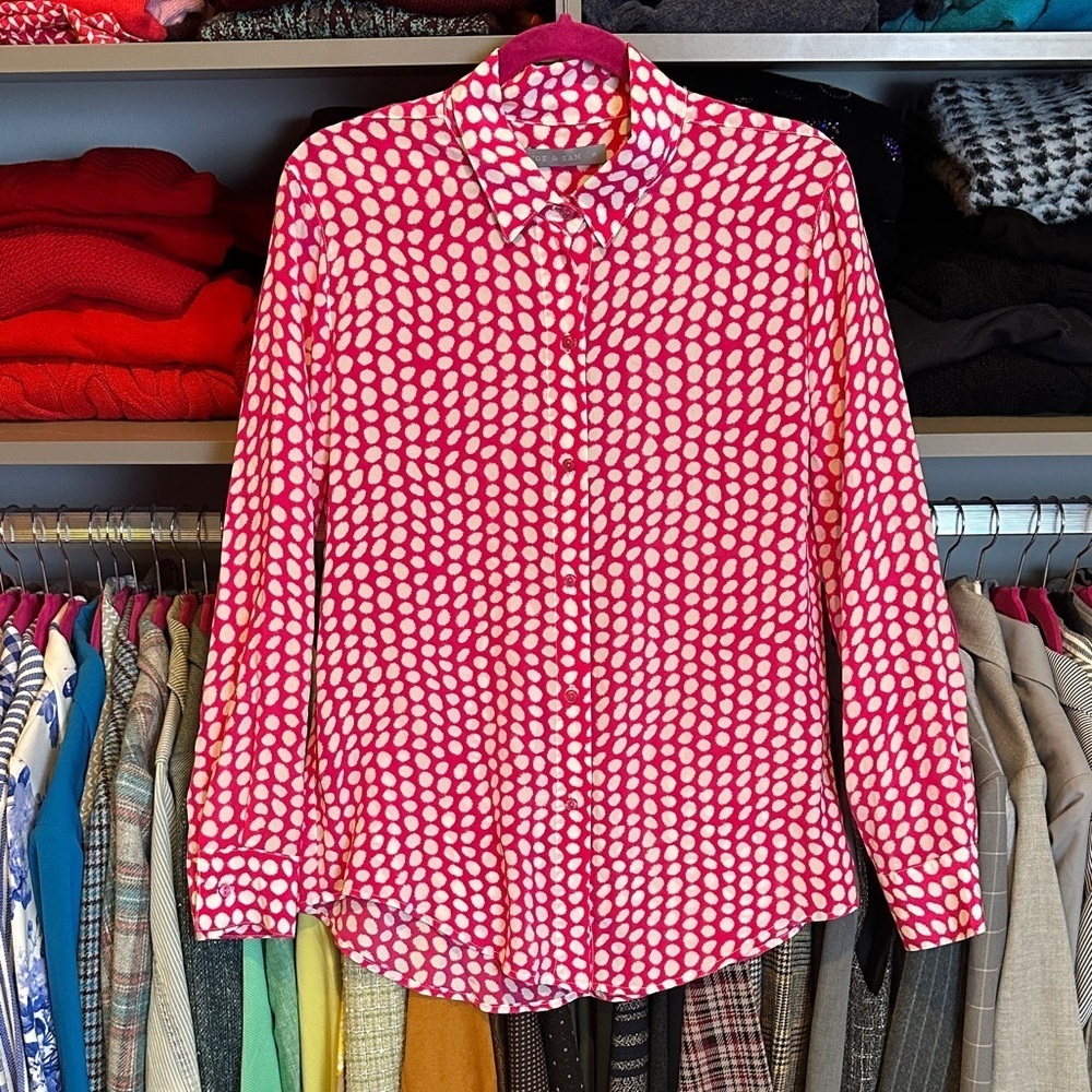Zoe & Sam 100% silk pink/white polka dot long sleeve button down shirt size S